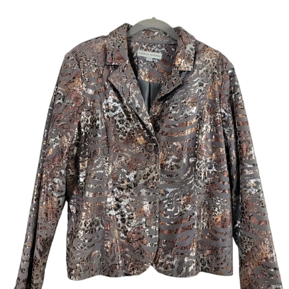 Bamboo Traders Faux Suede Jacket. Gray with Metallic Animal Print Sz L - Picture 1 of 8